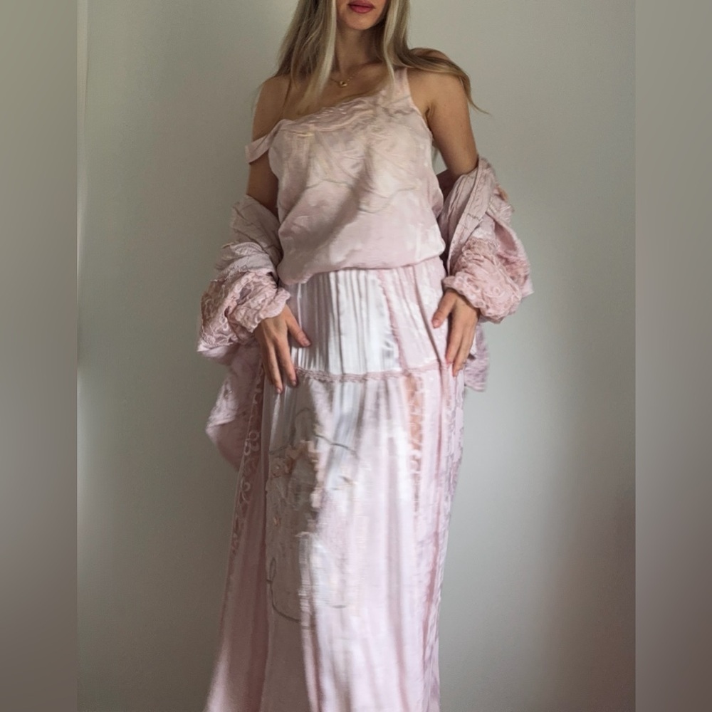 Women’s Pink Maxi Skirt, Top and Jacket Matching Set - Lace Panel Design - Picture 5 of 6